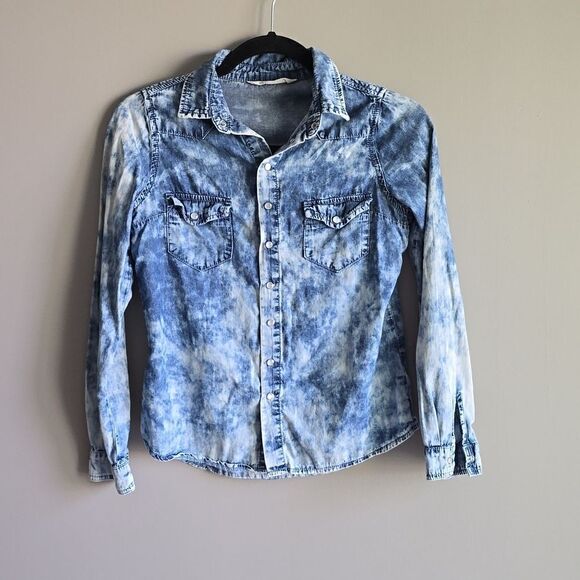 Angel Premium Denim Acid Wash Western Casual Chic Loose Fit Button Down Shirt  - Picture 1 of 9